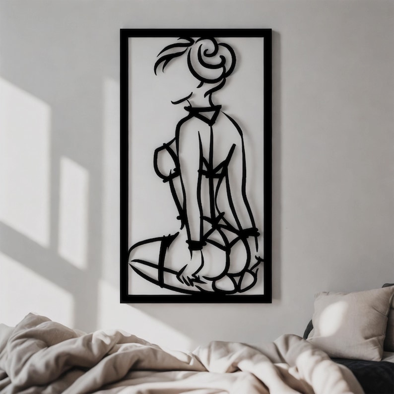 Minimalist black line art wall decor featuring elegant feminine silhouette in lingerie, modern erotic wall art in contemporary frame design