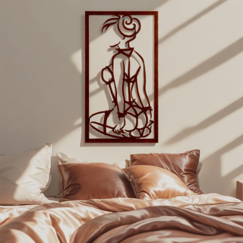 Minimalist copper line art wall decor featuring elegant feminine silhouette in lingerie, modern erotic wall art in contemporary frame design