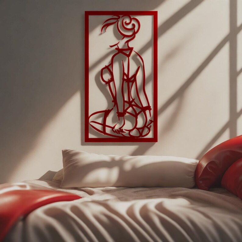 Minimalist red line art wall decor featuring elegant feminine silhouette in lingerie, modern erotic wall art in contemporary frame design