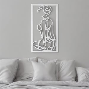Minimalist white line art wall decor featuring elegant feminine silhouette in lingerie, modern erotic wall art in contemporary frame design