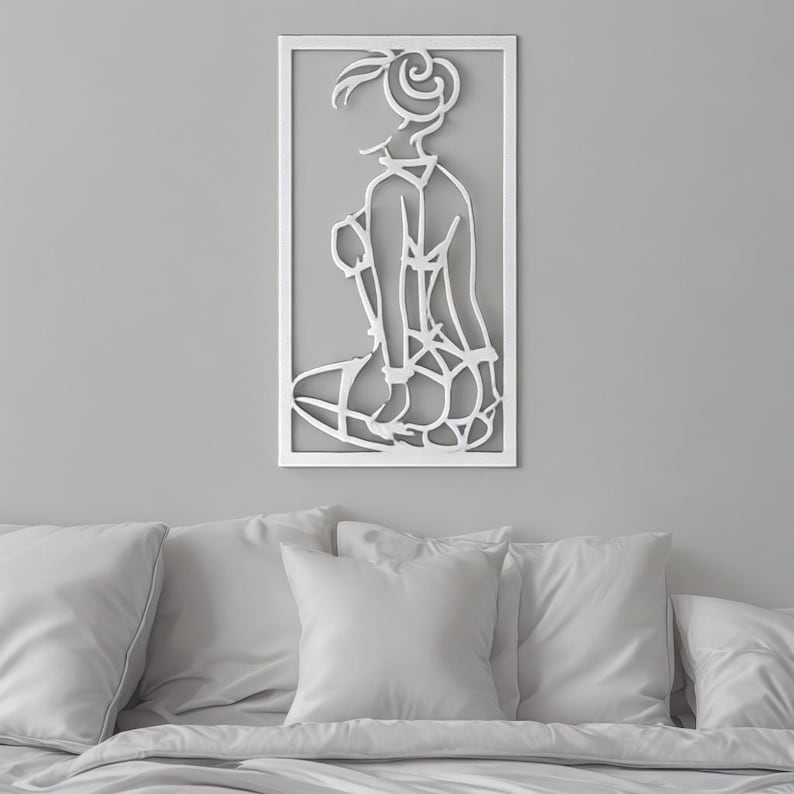 Minimalist white line art wall decor featuring elegant feminine silhouette in lingerie, modern erotic wall art in contemporary frame design