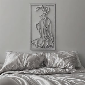 Minimalist silver line art wall decor featuring elegant feminine silhouette in lingerie, modern erotic wall art in contemporary frame design