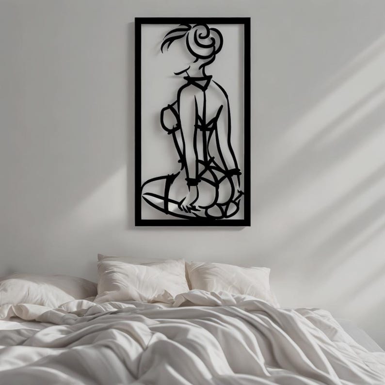 Minimalist black line art wall decor featuring elegant feminine silhouette in lingerie, modern erotic wall art in contemporary frame design