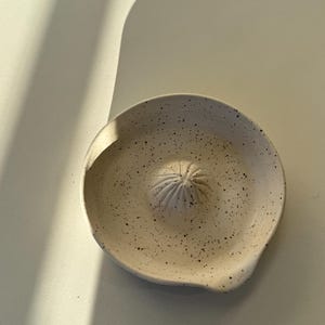 以下が含まれることがあります： 中央にリーマーと注ぎ口が付いた、斑点のあるセラミック製柑橘類ジューサー。オフホワイトのジューサーには濃い斑点があり、ジュースを簡単に抽出できるように設計されています。ジューサーは明るい色の表面にあります。