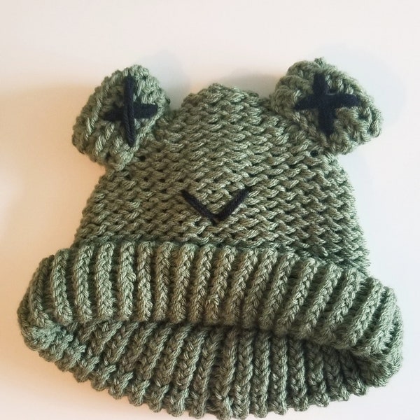 Knitted Frog Hat- Dark Green