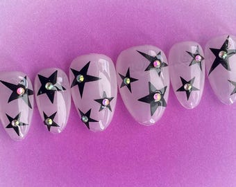 Black Rhinestone Star Gel Press-on Nails