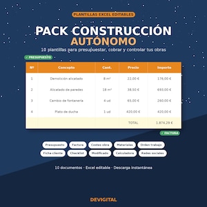 Könnte beinhalten: Ein digitales Paket bearbeitbarer Excel-Vorlagen für das Baumanagement, mit einer Tabelle für Konzept, Menge, Preis und Gesamtbetrag. Enthält Schaltflächen für Budget, Rechnung, Kosten, Materialien, Arbeitsauftrag, Kundenakte und Checkliste.