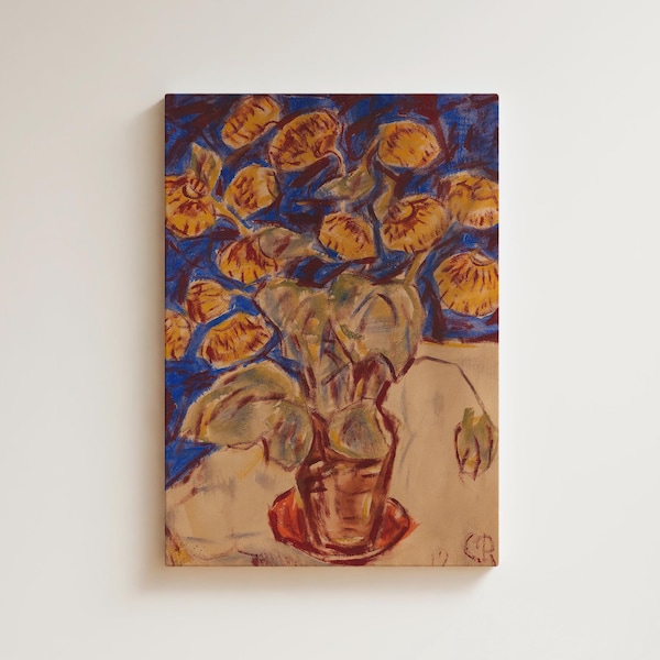Vintage Floral Vase Painting: Warm Yellow Abstract Art Print