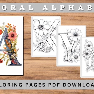 Páginas para colorear del alfabeto floral para adultos: descarga digital e imprimible