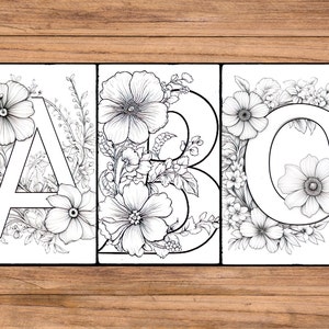May include: Black and white line art illustration of the letters A, B, and C surrounded by floral designs.