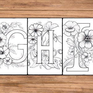 May include: Black and white printable coloring page featuring the letters G, H, and I with floral designs. The letters are surrounded by flowers and leaves.