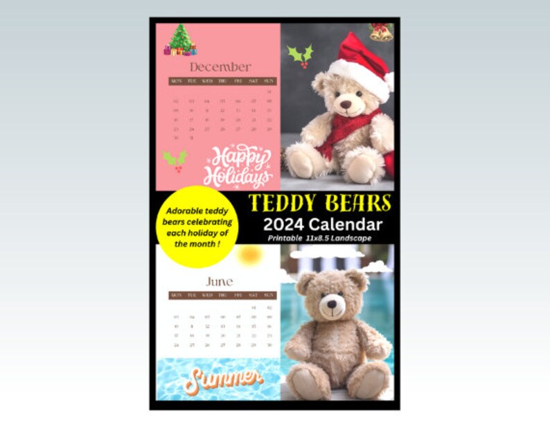 Teddy Bear Calendar 2024 Printable Etsy