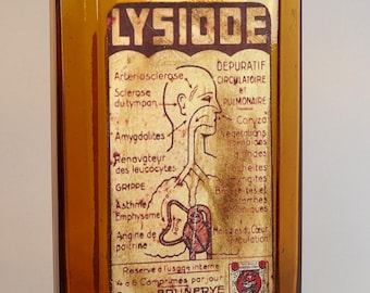 Antique and empty amber glass pharmacy bottle with decorative label "LYSIODE"