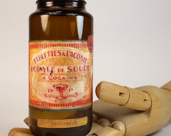 175ml amber glass pharmacy bottle or jar (empty) with custom "ACONIT & Cocaine" decorative label