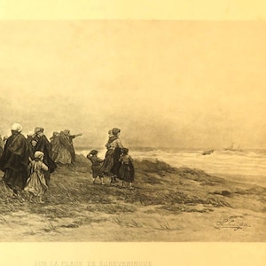 Engraving Old etching by Philippe Sadée &quot;On the beach at Scheveningen&quot;