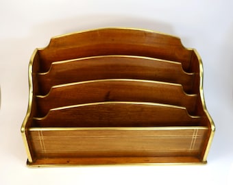 Superb antique wooden letter holder or desk organizer adorned with brass from the early 20th century
