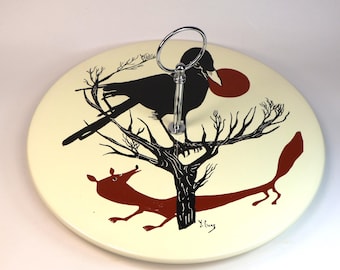 Vintage Cheese Board, manufactured in Salins, France, Illustration by Yves Cruaz, Very original design "The Crow and the Fox"