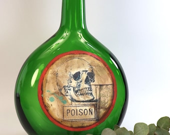 Large 70ml emerald green glass bottle (empty) with custom label creation "POISON"