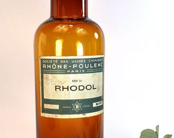 Antique amber glass chemistry bottle with original RHODOL label - Rare!