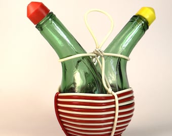 1960 Vintage Glass Vinegar Cruet and Scoubidou
