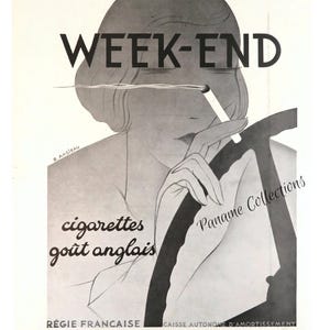 Raro ! Illustrazione originale autentica del manifesto pubblicitario delle sigarette WEEK-END del 1951 del 1935, illustratore Roland Ansieau