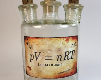 Empty and Antique 3-Neck Chemistry Bottle, Woolf Bottle with Decorative Label "pV=nRT"