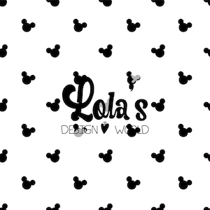 Könnte beinhalten: Schwarz-weißes Muster aus Mickey-Maus-Ohren mit dem Text "Lola's Design World" in der Mitte.