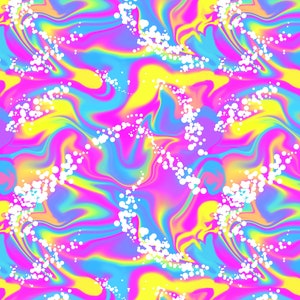 Pode incluir: Arte digital abstrata com um padr&atilde;o vibrante e rodopiante em tons de rosa, amarelo, azul e roxo. Linhas pontilhadas brancas serpenteiam sobre o fundo colorido, criando um design din&acirc;mico e atraente. O efeito geral &eacute; psicod&eacute;lico.