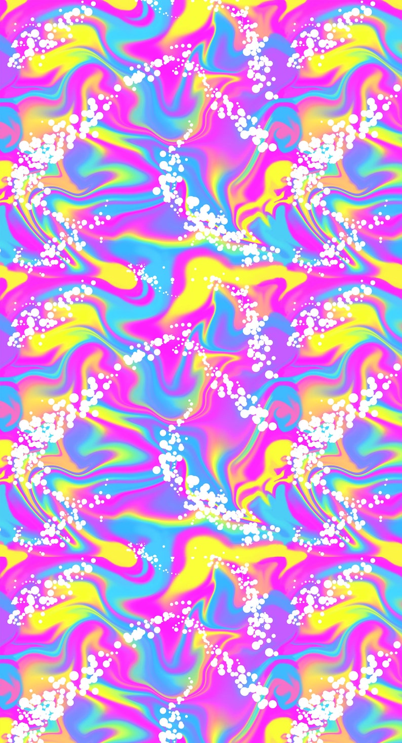 Pode incluir: Arte digital abstrata com um padr&atilde;o vibrante e rodopiante em tons de rosa, amarelo, azul e roxo. Linhas pontilhadas brancas serpenteiam sobre o fundo colorido, criando um design din&acirc;mico e atraente. O efeito geral &eacute; psicod&eacute;lico.
