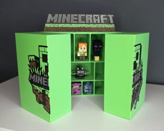 3D Printed Wall Shelf Minecraft Style Gamer Room Decor Figurine Display Case Opening Door