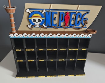 Mensola espositiva per personaggi Kinder Joy in stile One Piece con targhette mobili, da parete.