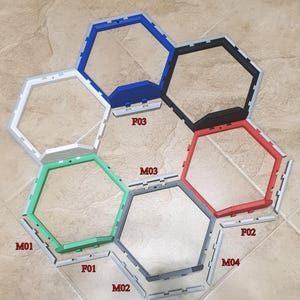 Op de afbeelding: Zes zeshoekige frames in verschillende kleuren, waaronder grijs, blauw, zwart, rood, groen en wit. Elk frame heeft een label met een letter en een nummer, zoals "F01" en "M03".