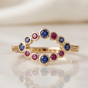Bezel Set Red Blue CZ Ring, Gold Geometric Open Oval Ring, Delicate Sapphire Ruby Color Stacking Band, Unique Fine Gemstone Jewelry