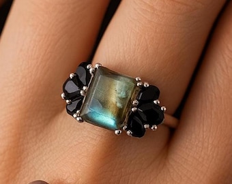 Labradorite Ring-MultiStone Ring-Anniversary Gift-Emerald cut Ring-Art Deco Ring-Ring for women-14K -Gold Ring-Cluster Ring-Statement RIng