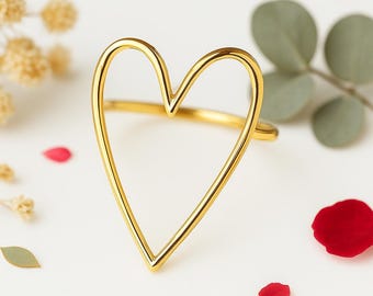 14k Gold Heart Ring: Minimalist Art Deco Sterling Silver Option