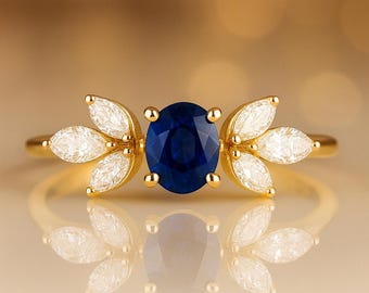 Gold Sapphire Engagement Ring: Marquise Diamond Leaves, Nature Inspired