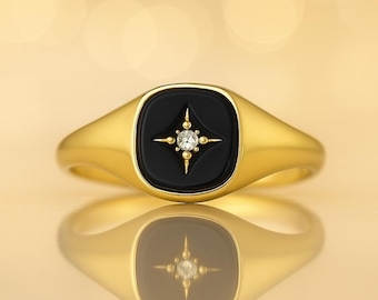 Gold Onyx Signet Ring with Diamond Star: Vintage Inspired Unisex Jewelry