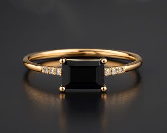 Gold Baguette Black Onyx Ring: Art Deco Minimalist Promise Ring