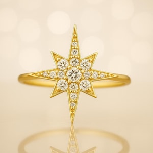Gold North Star Ring with CZ Diamonds –Celestial Starburst Ring, Dainty Astrology Jewelry, Minimalist Constellation Ring Gift-Solitaire Ring