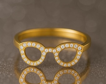 Gold Glasses Ring: CZ Statement Jewelry, Quirky Fashion Accessory