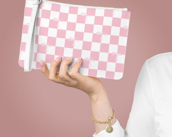 Bow and Checkerboard Design Clutch with Handle, Makeup Bag Gift for Her, Bridesmaid Gift for Her, Wristlet Gift for Her