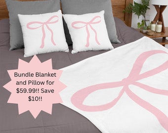 BUNDLE! Pink Bow Aesthetic Pillow, Bow Pillow and Blanket Set, Pink Bow Aesthetic, Coquette Pillow Decor, Pink Bow For Her, Softcore Decor