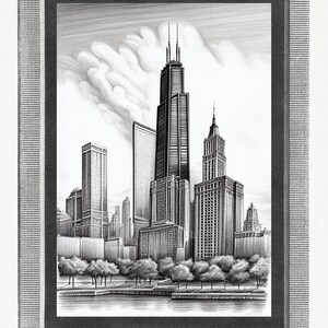 Chicago Stadtbild Wand Kunst Bleistift Kunst Zeichnung