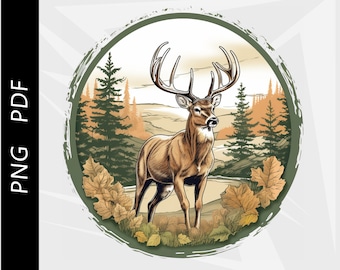 May include: A detailed illustration of a deer with large antlers, set within a circular frame. The deer stands in a forest scene with trees and autumn leaves. The color palette includes browns, greens, and oranges, creating a natural aesthetic.