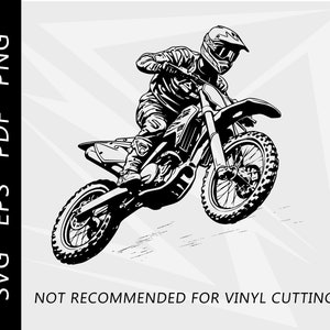 May include: Black and white illustration of a motocross rider on a dirt bike in mid-air. The rider is wearing a helmet and protective gear. The image includes the text "NOT RECOMMENDED FOR VINYL CUTTING".
