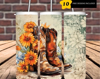 Rustic Cowboy Boots and Flowers Tumbler Sublimation Design (Digital Download)