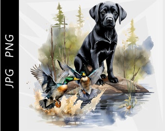 Black Lab Duck Hunting Watercolor Design (Digital Download)