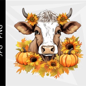 May include: A digital illustration of a cow's head, decorated with sunflowers and a crown of sunflowers. The cow is surrounded by pumpkins and autumn leaves in shades of orange, yellow, and brown. The image has a watercolour effect.