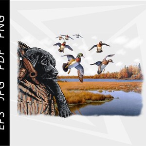 Black Lab Puppy, Duck hunting , Wood Duck hunting, Waterfowl design, Digital Download