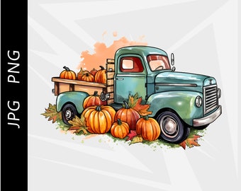 Camioneta rústica de otoño con calabazas, diseño para sublimación (descarga digital)